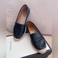 Authentic Gucci Slip On Espadrilles Microguccissima Leather With Rubber Sole. Black Microgguccissima Leather, Very Soft. Comes With All Inclusions; Original Box & Wrappings, Dust Bags, Care Cards. Bought Brand New From Gucci Store, Only Worn A Couple Of Times. Leather Round Toe Espadrilles For Work, Luxury Black Espadrilles With Leather Sole, Luxury Black Round Toe Espadrilles, Chic Gucci Espadrilles With Round Toe, Elegant Gucci Espadrilles With Round Toe, Chic Leather Espadrilles With Contrast Sole, Black Flat Espadrilles With Leather Sole, Gucci Espadrilles With Round Toe And Branded Insole, Leather Espadrilles With Contrast Sole