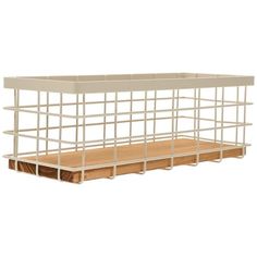 a white shelf with wooden shelves on it