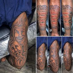 several pictures of different tattoos on the legs and feet, including one with an image of a man's face