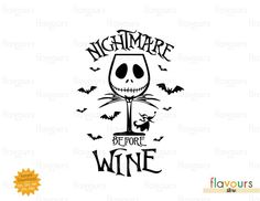 a wine glass with the words nightmares before wine on it, and bats flying around