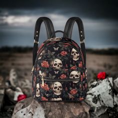 "Wild Roses and Skull Goth backpack, Dark Cottagecore gothic day pack vegan leather laptop carrier padded school back pack, bag organizer * School backpack made of PU printing material * 1 Main compartment for books ,laptop and iPad ,etc. * Metal zipper clouser and 2 side with zipper pockets * Adjustable slide shoulder straps buckles with inner pocket * Casual style for boys' girls to travel, school, vacation, etc. Capture the perfect blend of style and functionality with our School Backpack mad Grunge Backpack For Everyday Use, Grunge Style Travel Backpack, Gothic Halloween Backpack, Gothic Standard Backpack For Travel, Gothic Style Standard Backpack For Travel, Gothic Standard Backpack For Everyday Use, Alternative Style Everyday Backpack, Punk Style Backpack For Everyday Use, Alternative Style Backpack For Everyday Use