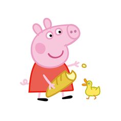 peppa pig and duckling are standing in front of the white background, one is holding