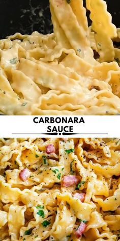 two pictures with different types of food in them and the words carbonara sauce above it