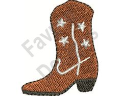 an embroidered cowboy boot with stars on the side and white stitching in the middle