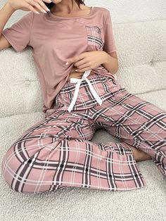 Plaid Print Bow Front PJ Set / Pajama Set Dusty Pink Casual-Woman  Short Sleeve Knitted Fabric Plaid Pant Sets Slight Stretch All Women Sleep & Lounge, size features are:Bust: ,Length: ,Sleeve Length: Sleepwear Women Nightwear, Plaid Pant, Pyjama Satin, Sleepwear Fashion, Women Sleepwear, Elastic Waistband Pants, Short Pj Set, Women's Sleepwear, Plaid Pajamas