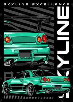 two cars are shown side by side with the words skyline excellence on them and an image of