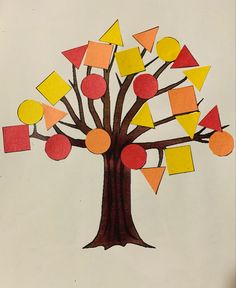 a drawing of a tree with many different shapes on it