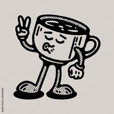 a black and white drawing of a coffee cup with its arms up in the air