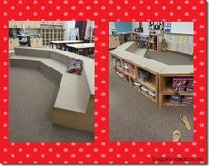 two pictures of the inside of a classroom with red and white polka doted walls