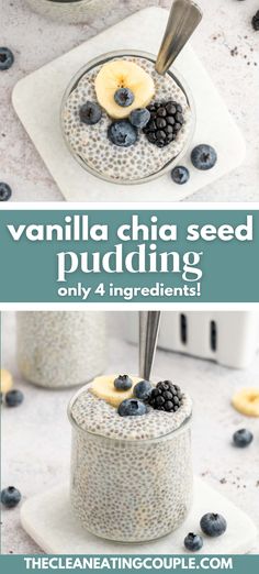 chia pudding with bananas and blueberries in a glass bowl on a white plate