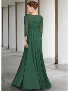 A-Line Mother of the Bride Dress Elegant Jewel Neck Floor Length Chiffon Lace 3/4 Length Sleeve with Pleats Appliques Formal Chiffon Dress With 3/4 Sleeves, Chiffon Dress With 3/4 Sleeves For Formal Events, Chiffon Dress With 3/4 Sleeves For Formal Occasions, Bride Dress Elegant, Evening Dresses Cocktail, Mother Of The Bride Dress, Jewel Neck, Wedding Bridesmaid Dresses, Dress Elegant