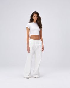 Cotton Pull on Pants - White Fitted Cotton Cargo Pants With Straight Hem, Wide Leg Cotton Pants With Ribbed Waistband, Basic Relaxed Fit Bottoms For Everyday, Sporty Cotton Wide-leg Bottoms, Straight Cotton Pants For Daywear, Cotton Trousers For Daywear, Sporty Cotton Wide-leg Pants, Cotton Straight Pants For Daywear, Sporty Wide-leg Cotton Bottoms