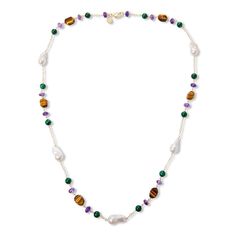 Rarities Gold-Plated Multigemstone 32" Chain Necklace  Natural colored gemstones from around the globe give this simple chain necklace a chic, organic look and feel. Dotted with white baroque pearls, green malachite, purple amethyst and brown tiger's eye stones, the necklace may be worn full length or doubled over for a shorter, layered look.       Approx. 32"L x 9/16"W     Stamped .925; 22-24K yellow gold plating     Lobster claw clasp     Chain necklace has individual, multi-shaped natural stone stations sprinkled throughout   Stone Information       All sizes and weights approximate     Cultured Freshwater White Pearl - Baroque (20-27mmx10-13mm)     Green Malachite - Bead (8mm)     Amethyst - Rondelle (8mm)     Tiger's Eye - Nugget (14x10mm) Simple Chain Necklace, Brown Tiger Eye, Tiger Eye Stone, Amethyst Necklace, Baroque Pearls, Purple Amethyst, Men Necklace, Gemstone Colors, Beautiful Bracelet