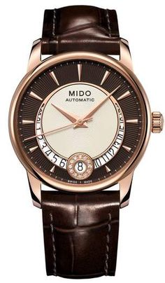 MIDO Baroncelli Automatic Diamond Leather Strap Watch, 33mm Designer Leather Watch With Metal Dial, Luxury Leather Strap For Formal Watches, Brown Leather Watches With Diamond Hour Markers, Luxury Leather Watch With Metal Dial, Swiss Automatic Watches, Luxury Brown Leather Strap Chronograph Watch, Solitaire Diamond Pendant, Brown Watches, Womens Watches Luxury