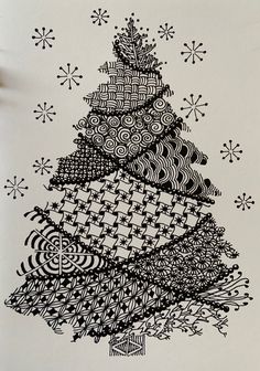 a black and white drawing of a christmas tree