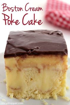 the boston cream poke cake is ready to be eaten