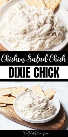 chicken salad is served in a white bowl with crackers on the side for dipping