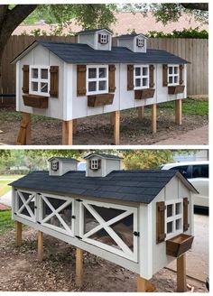 two pictures of a chicken coop with windows and shutters on the roof, one is made out of wood