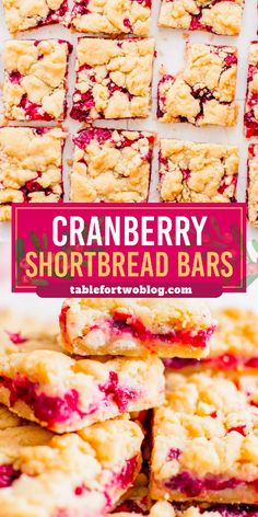 cranberry shortbread bars stacked on top of each other with text overlay