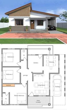 two story house plans with garage and living room in the front, one bedroom on the second