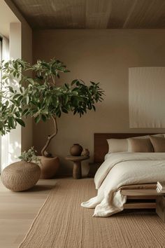 a bedroom with a bed, potted plant and other items on the floor in front of a window