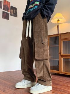 Coffee Brown Street Collar  Corduroy Plain Straight Leg Embellished Slight Stretch  Men Clothing Celana Kargo, Corduroy Cargo Pants, Summer Streetwear, Men Pants, Baggy Pants, Pop Punk, Cargo Pants Men, Cargo Trousers, Womens Clothing Sizes