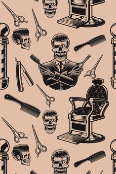 a bunch of different types of scissors and skulls on a beige background with black ink