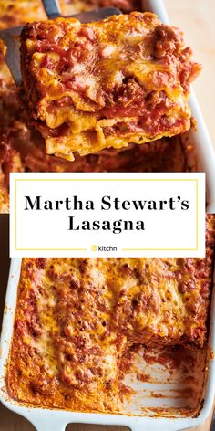 martha stewart's lasagna recipe in a casserole dish with text overlay