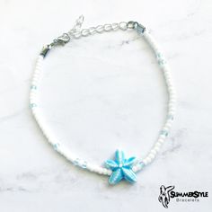 YOU CAN NOW SHOP ON MY NEW WEBSITE! www.summerstylebracelets.com This item is ready to ship! Customization is NOT available for this listing. If you would like something custom, please send me a message! These Blue Starfish Beaded Anklets are brand new & perfect for summer! They are each 7in long with an optional 2in extender for the perfect fit! They're water resistant, but not recommended for extended wear in water. All of my friendship bracelets are made with 100% cotton embroidery floss & my Summer Beaded Starfish Anklets, Summer Starfish Beaded Anklets, Adjustable White Starfish Anklets, White Starfish Anklets As Gift, White Starfish Anklets For Gift, Seed Bead Anklet, Summer Necklaces, Clay Bead Necklace, Bead Anklet