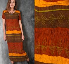 Vintage 90s brown, yellow tones tribal striped dress.  Maxi long bohemian stretchy summer dress.  Label: Indiska  Size: S  Fabric: viscose  Measurements:  Bust: 36" (90 cm) Waist: 31" (80 cm)  Hips: 36" (90 cm) Length: 50" (128 cm)  Sleeve: 20" (19 cm)  Shoulders: 17" (44 cm) Model's height 180 cm  Great condition If you want to purchase more items, write message. I will make special price and delivery. Fast courier delivery. Please, provide your mobile number in a note to seller. Earth Colours, Maxi Summer Dress, Viscose Dress, Dress Bohemian, Maxi Robes, Stretchy Dress, Bohemian Dress, Summer Maxi Dress, Dress Clothes For Women