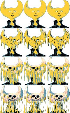 a bunch of yellow and black images with some dripping paint on it's face