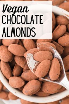 a spoon full of chocolate almonds with the words vegan chocolate almonds above it