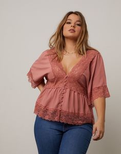 Flirty, fun, and sultry, we are absolutely loving the Curve Lace Trim Blouse. With its deep v-shaped neckline, functional buttons down the front, sheer lace panels and lace-lined hems, and matte satin material, this is the ultimate flirty top for a date night. We would wear this blouse with some super skinny jeans and cute tall heels for a look that will show off your curves to the fullest! Model is 5'8", bust 38, waist 32", hips 47", and is wearing a size 1XL. Materials and Care:This shirt is m Plus Size Western Wear, Flirty Tops, Lace Trim Blouse, Look Plus Size, Boho Style Outfits, Flattering Tops, Matte Satin, Satin Material, Curvy Outfits