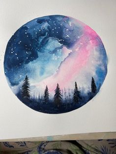 a watercolor painting of the night sky with trees