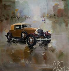 a painting of an old car on the street