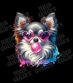 a dog with sunglasses and tongue sticking out its tongue, wearing pink heart shaped glasses