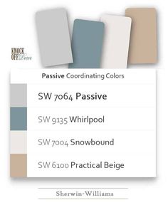 several different shades of white and blue in the same color scheme, with text that reads passive coordinating colors sw 706, passive swg, whirlpool,