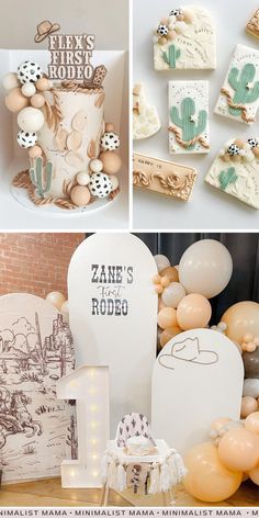 a collage of photos with balloons, cookies and other items for a baby's first birthday