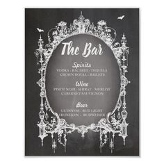 the bar menu card with an ornate frame on black paper and white lettering, which reads