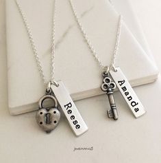 Personalized best friends necklace in silver  This necklace is made from antique silver key /lock and aluminum charms with engraving.  You can change best friend to any phrases or names up to 10 letters. only front side engraved. Chain and clasp are silver plated and 15~19 inches long.  This listing is for two necklaces.  ✓ please leave names or words in the personalized box. Perfect gift for best friend. * antique gold one : https://www.etsy.com/listing/98029297/ They come in one gift box. --------------------------------- MADE TO ORDER & CRAFTMANSHIP * Handmade by me in my smoke free home studio (Atlanta, GA, USA) * All items are made to order & hand-crafted with love and care. --------------------------------- RETURN POLICY * I gladly accept returns and exchanges except Custom or Person Gifts For Friends Birthday, Best Friends Necklace, Key And Lock, Necklace Couple, Friends Necklace, Bff Jewelry, Couple Necklace, Friendship Necklace, Bff Necklaces