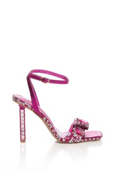 Bring the dance floor with you wherever you go with these stunning disco ball inspired stiletto heels! These pink open-toe stilettos have silver and hot pink rhinestones bedazzled on the front strap and on the heel. The ankle strap includes a pink metallic faux leather detail that ties the whole look together. Wear this with other flirty accessories and stand out at the function! - Faux leather upper - Open squared toe - Stiletto heel - 3.5” heel height Disco Shoes, Shoes Closet, Bedazzled Shoes, Fold Over Boots, Hot Pink Heels, Cute Shoes Heels, Azalea Wang, Pink Friday, Sandal Platform