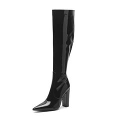 TAAFO Ladies Block Heels Slim Boots Pointed Toe Black Patent Leather High Heels Zipper Women Knee High Boots Black-40 Women Knee High Boots, Patent Leather Boots, Chelsea Boots Women, Leather High Heels, Womens Knee High Boots, Party Shoes, High Heel Boots, Black Patent Leather, Boot Shoes Women