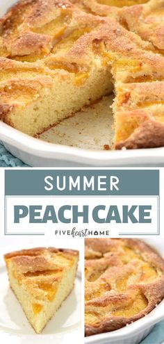 a close up of a pie on a plate with the words summer peach cake above it