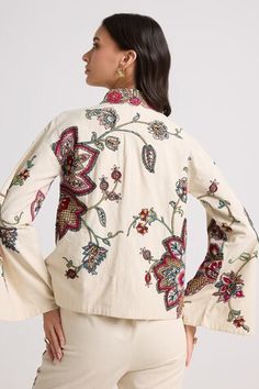 Black kala cotton jacket with cordwork, beads and floral embroidery. - Aza Fashions Estilo Hippy, International Style, Floral Jacket, Jacket For Women, Embroidered Jacket, Jacket Pattern, Cotton Jacket, Short Jacket, Flared Sleeves