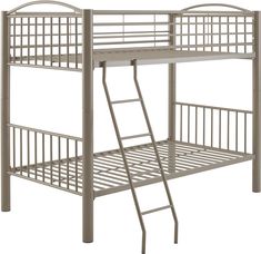 a metal bunk bed with two ladders on the bottom and one above it's head