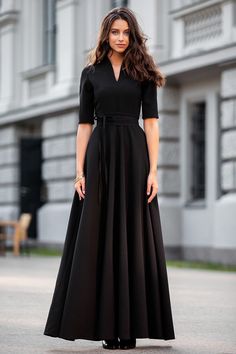 "Black classic maxi dress with circle skirts ➤ Features > dress lenght: 150 cm / 59,05\" > mid sleeves > v neckline > circle skirts > waistband ➤ Sizing My Size Guide in FAQ section below will help you define the perfect size match. The item can also be made according to your measurements - just message them to me. ➤ Delivery Your item is made-to-order and will be ready within 2-7 days. Average delivery times: > North America: up to 1-2 weeks > New Zealand, Australia: up to Black Fitted A-line Maxi Dress, Fitted Black A-line Maxi Dress, Black Maxi Dress For Formal Occasions, Linen Maxi Dress For Work, Black Maxi Dress For Work, Elegant Black Floor-length Maxi Skirt, Black Maxi Skirt For Work, Elegant Fitted Maxi Skirt With Wide Hem, Black Long Skirt Formal Dress