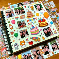 a photo book with pictures of people and birthday cakes on the pages, along with stickers