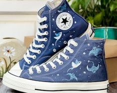 Custom Embroidered Converse, Hammerhead Sharks and Manta Ray Embroidered Shoes, Ocean Vibes Embroidered Sneakers Custom, Gifts for Divers - Etsy Embroiderd Converse, Vintage Embroidered Low-top Sneakers, Vintage High-top Embroidered Sneakers, Vintage Embroidered High-top Sneakers, Shark Converse, Custom Converse Ideas, Space Converse, Converse Custom Ideas, Painted Converse High Tops