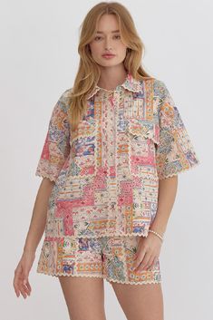 Printed half sleeve button down collared top featuring ric rac trim. Pockets at bust, unlined, woven, non-sheer, lightweight. 100% cotton. True to size, I am an 8/10 wearing a medium. Small 4-6Medium 8-10Large 12-14 Collared Top, Ric Rac, Print Top, Half Sleeve, Dress Accessories, Print Tops, Half Sleeves, Button Downs, Trim