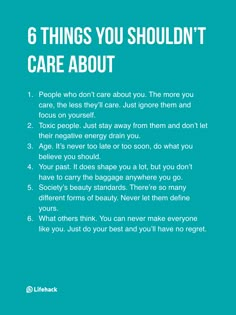 a blue poster with the words 6 things you shouldn't care about